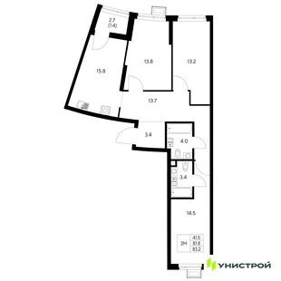 Планировка 3-комн. квартира, 83.2 м² ЖК «Стадиум»