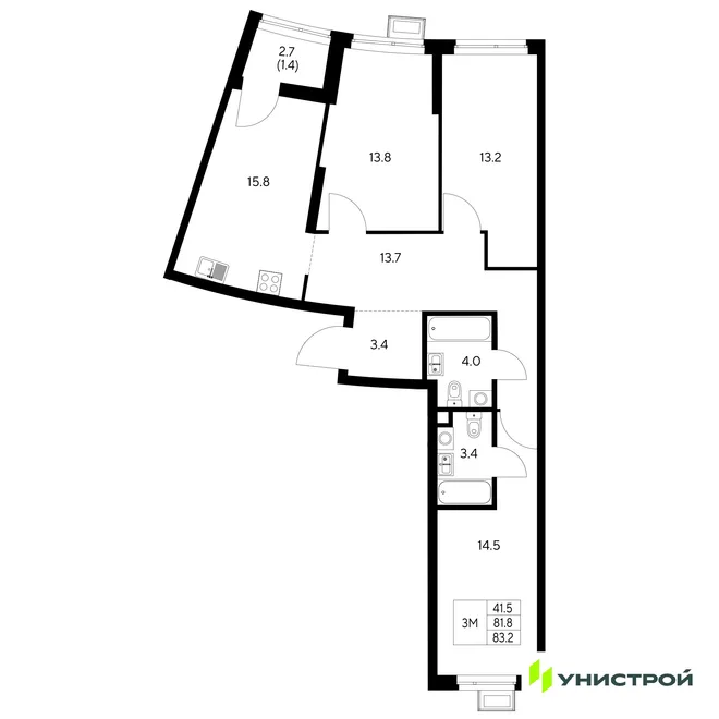 Планировка 3-комн. квартира, 83.2 м² ЖК «Стадиум» Планировка 3-комн. квартира, 83.2 м² ЖК «Стадиум»