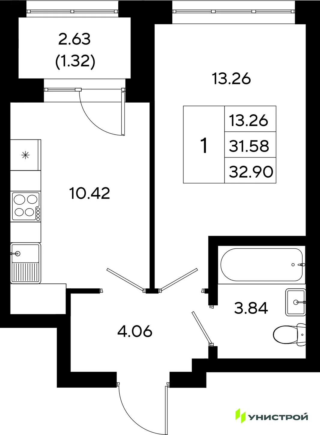 Планировка 1-комн. квартира, 32.9 м² ЖК «Уникод На Залесной»