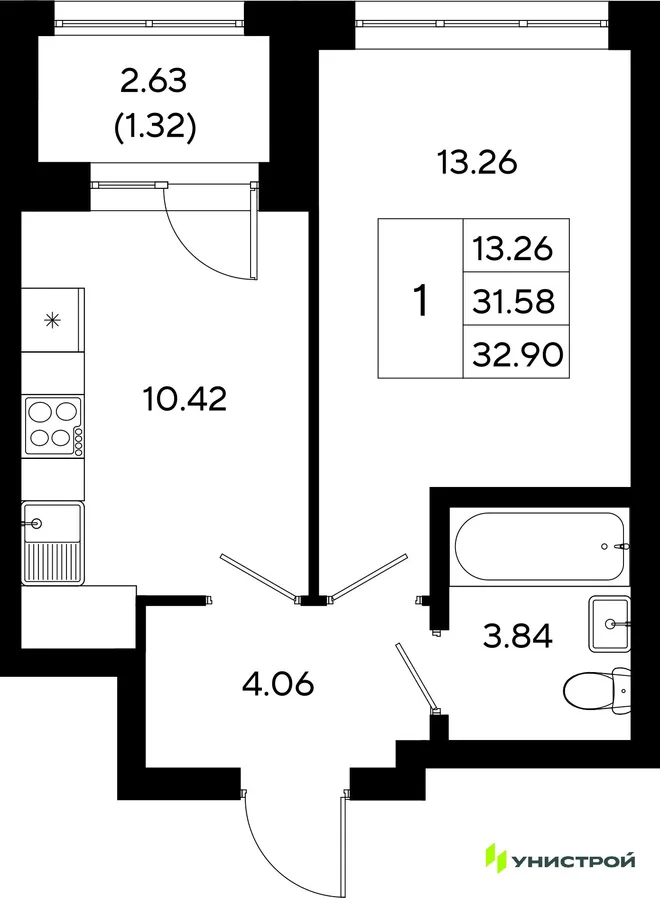 Планировка 1-комн. квартира, 32.9 м² ЖК «Уникод На Залесной»