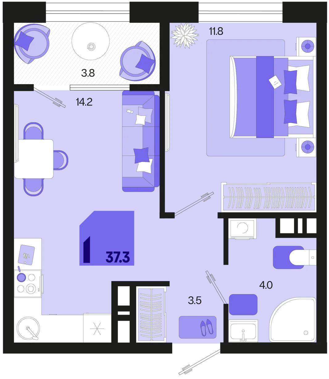 Планировка 1-комн. квартира, 37.3 м² ЖК «Первое место»