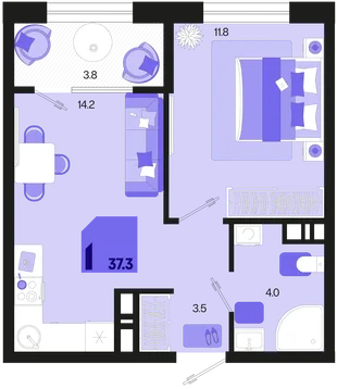 Планировка 1-комн. квартира, 37.3 м² ЖК «Первое место»