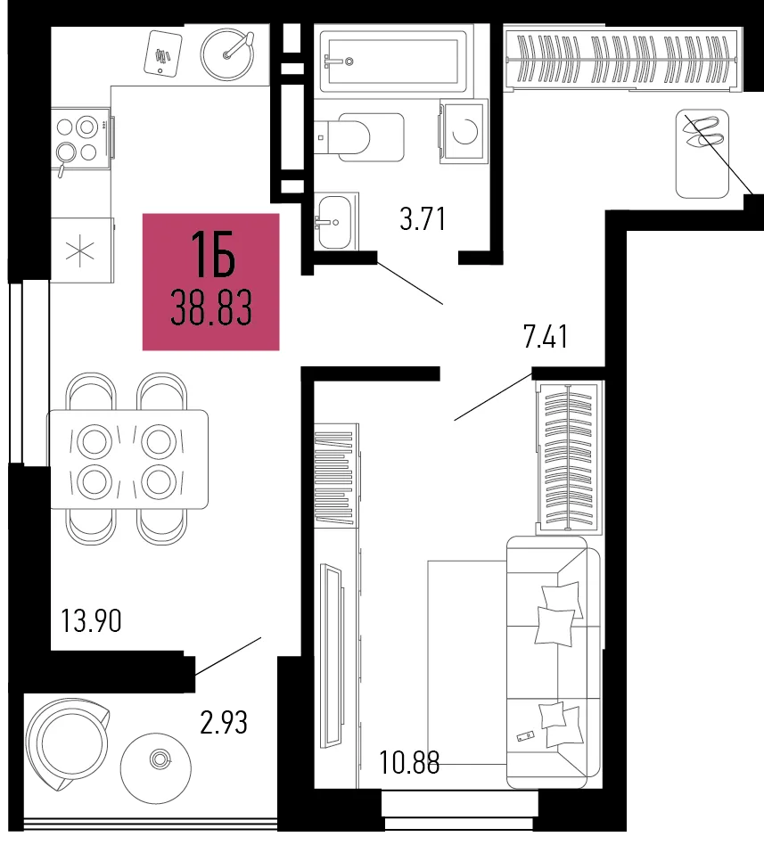 Планировка 1-комн. квартира, 38.83 м² ЖК «Столицыно»