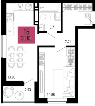 Планировка 1-комн. квартира, 38.83 м² ЖК «Столицыно»