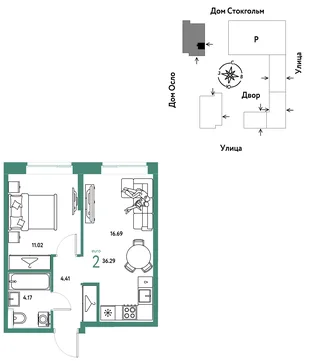 Планировка 2-комн. квартира, 36.29 м² ЖК «Европейский берег 2.0»