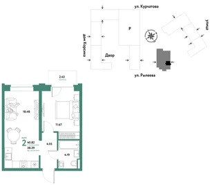Планировка 2-комн. квартира, 40.82 м² ЖК «Остров-сад»