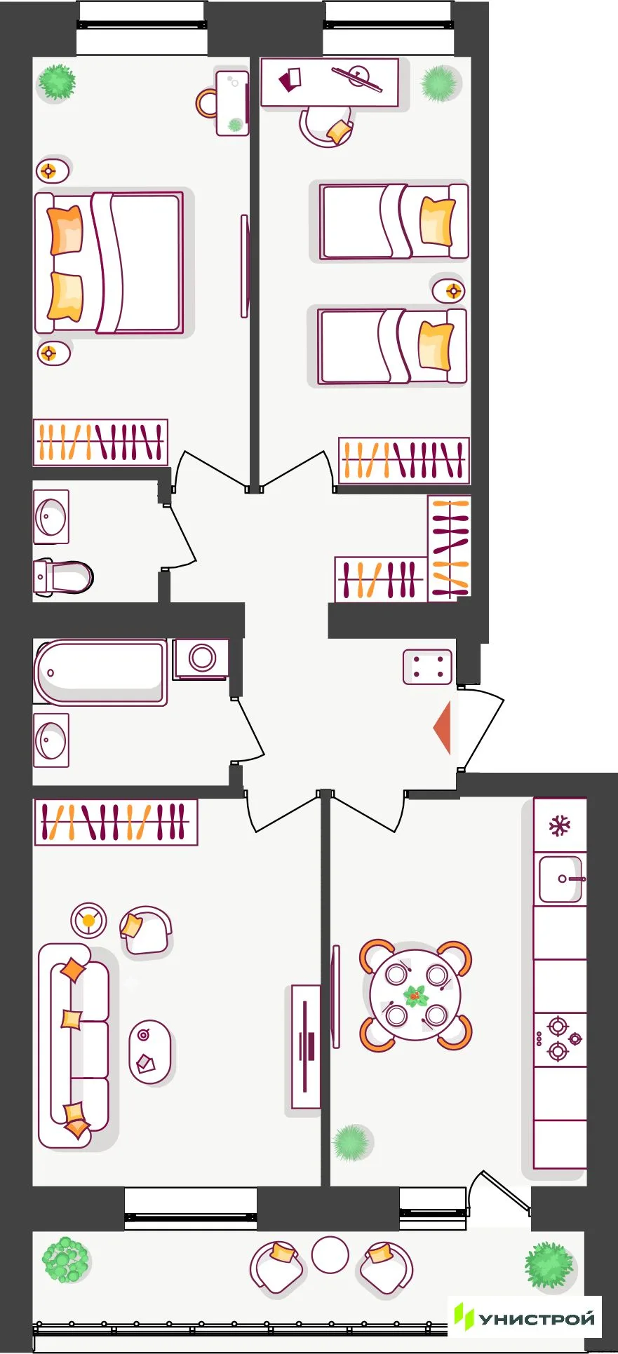 Планировка 3-комн. квартира, 68.57 м² ЖК «Южный бульвар 2»