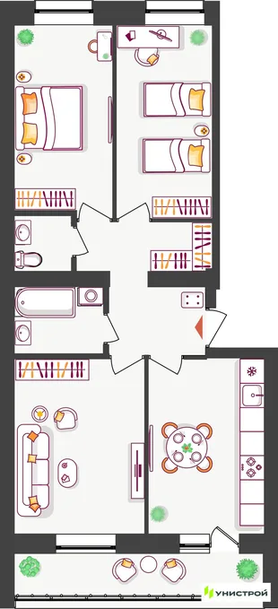 Планировка 3-комн. квартира, 68.57 м² ЖК «Южный бульвар 2»