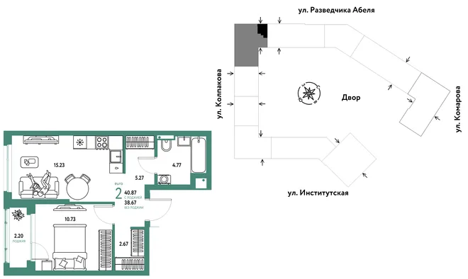 Планировка 2-комн. квартира, 40.87 м² ЖК «Страна.Парковая» Планировка 2-комн. квартира, 40.87 м² ЖК «Страна.Парковая»