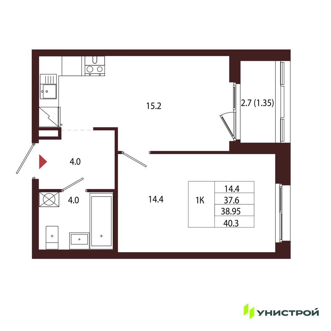 Планировка 1-комн. квартира, 38.95 м² ЖК «Лисино»