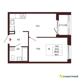 Планировка 1-комн. квартира, 38.95 м² ЖК «Лисино»