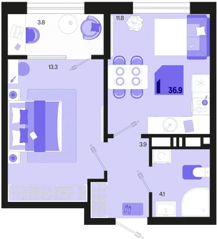 Планировка 1-комн. квартира, 36.9 м² ЖК «Первое место»