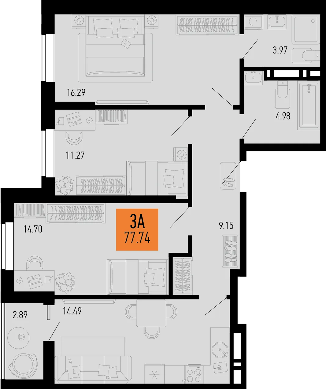 Планировка 3-комн. квартира, 77.74 м² ЖК «Столицыно»