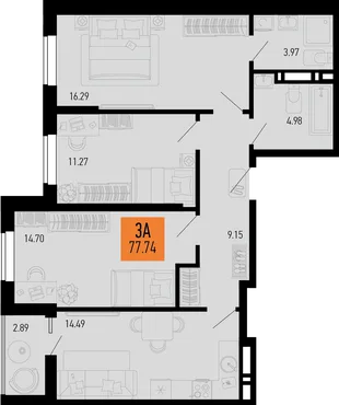 Планировка 3-комн. квартира, 77.74 м² ЖК «Столицыно»