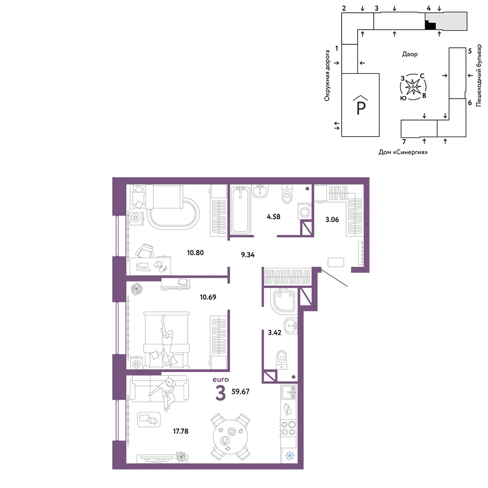 Планировка 3-комн. квартира, 59.67 м² ЖК «Юнион»