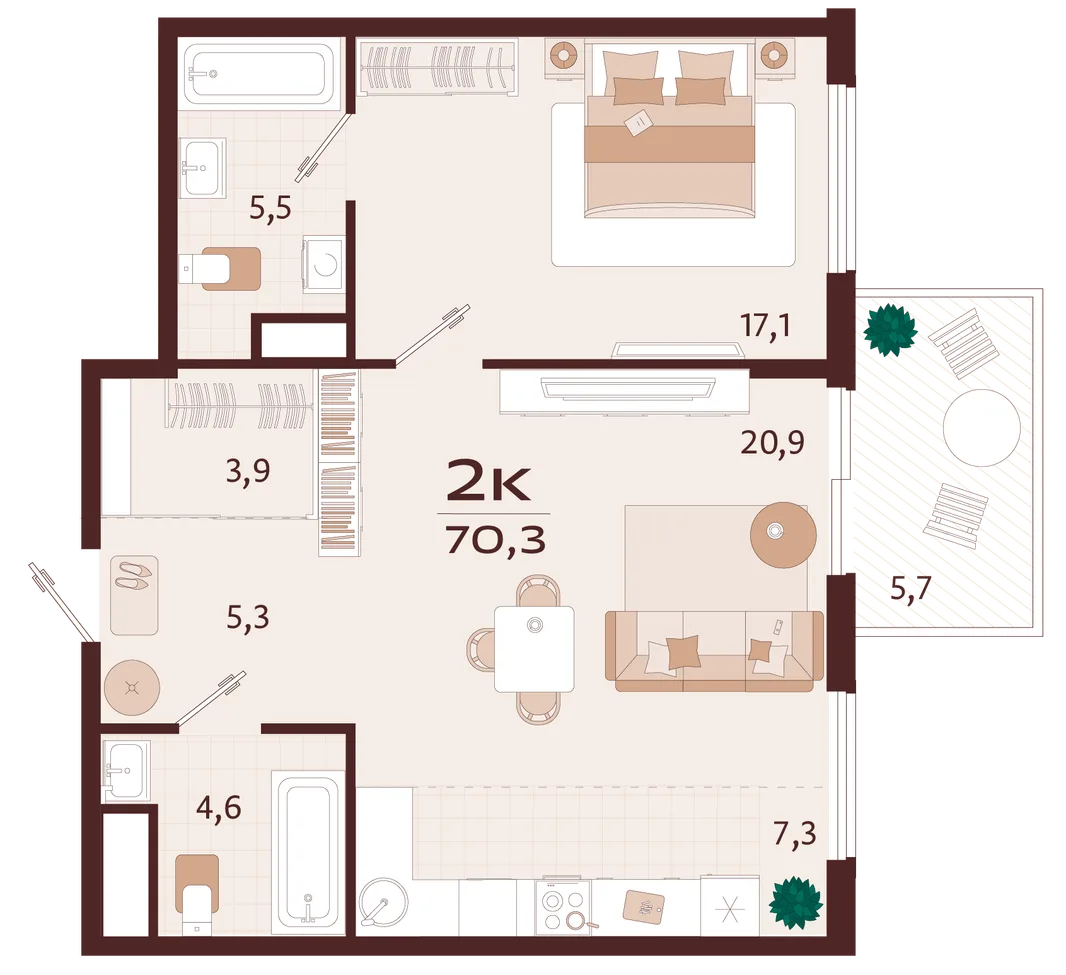 Планировка 2-комн. квартира, 70.3 м² ЖК «Роялта»