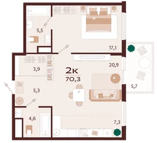 Планировка 2-комн. квартира, 70.3 м² ЖК «Роялта»