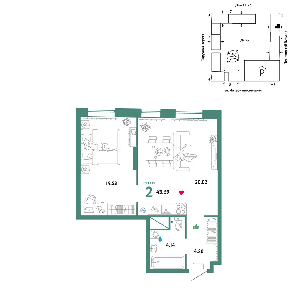 Планировка 2-комн. квартира, 43.69 м² ЖК «Юнион»