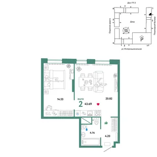 Планировка 2-комн. квартира, 43.69 м² ЖК «Юнион»