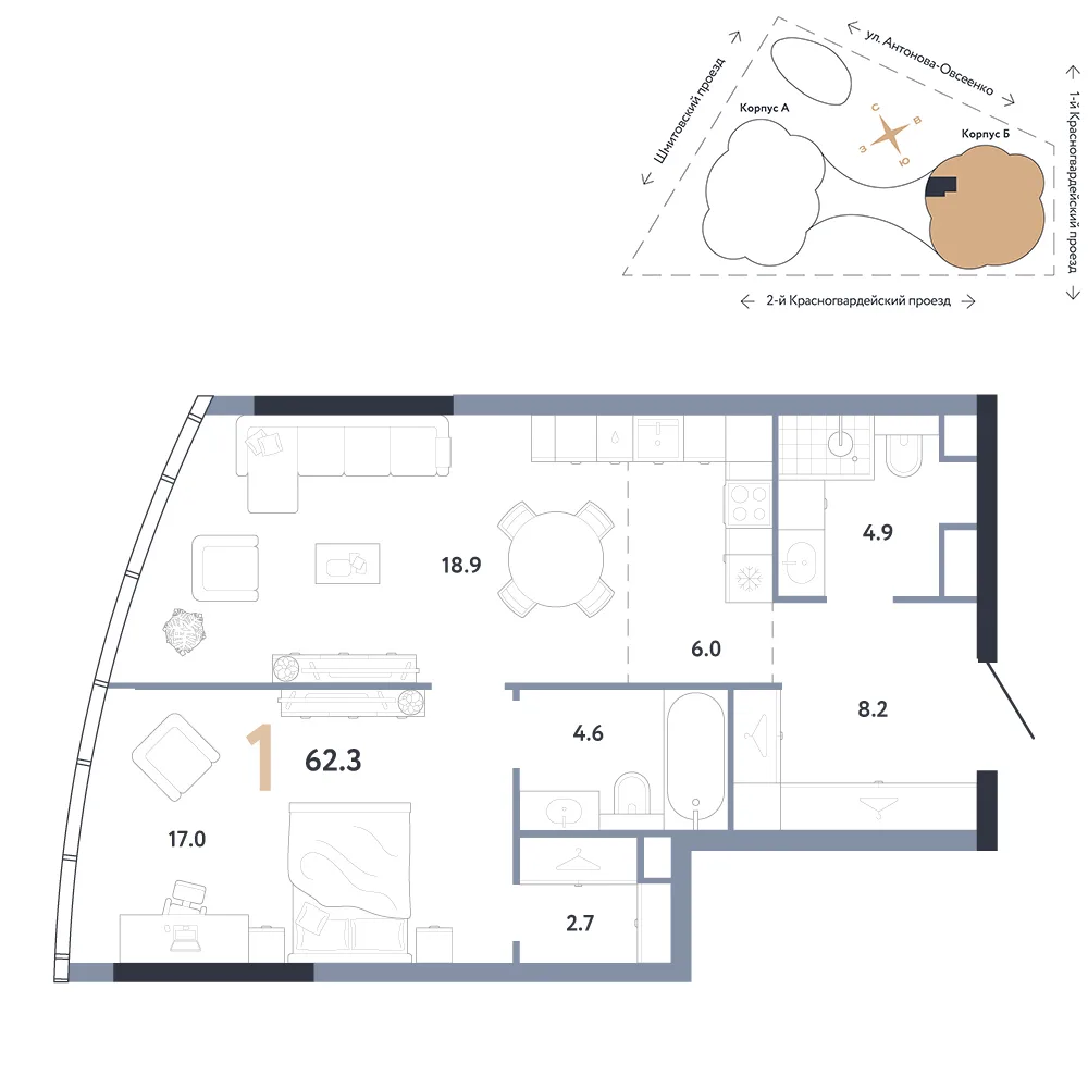 Планировка 1-комн. квартира, 62.3 м² ЖК «АУРУС Резиденции»