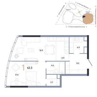 Планировка 1-комн. квартира, 62.3 м² ЖК «АУРУС Резиденции»