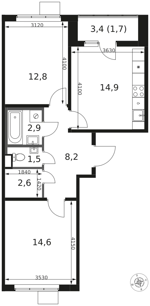 Планировка 2-комн. квартира, 59.2 м² ЖК «1-й Химкинский»