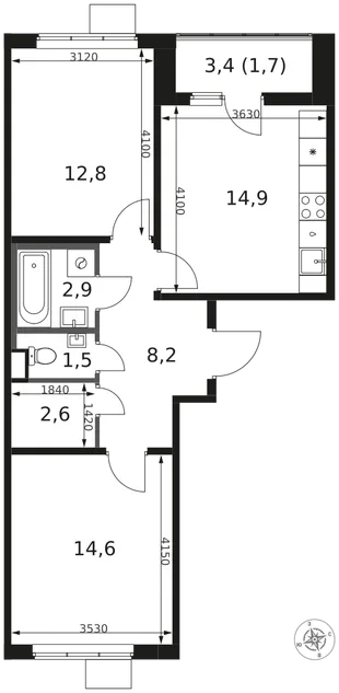 Планировка 2-комн. квартира, 59.2 м² ЖК «1-й Химкинский»