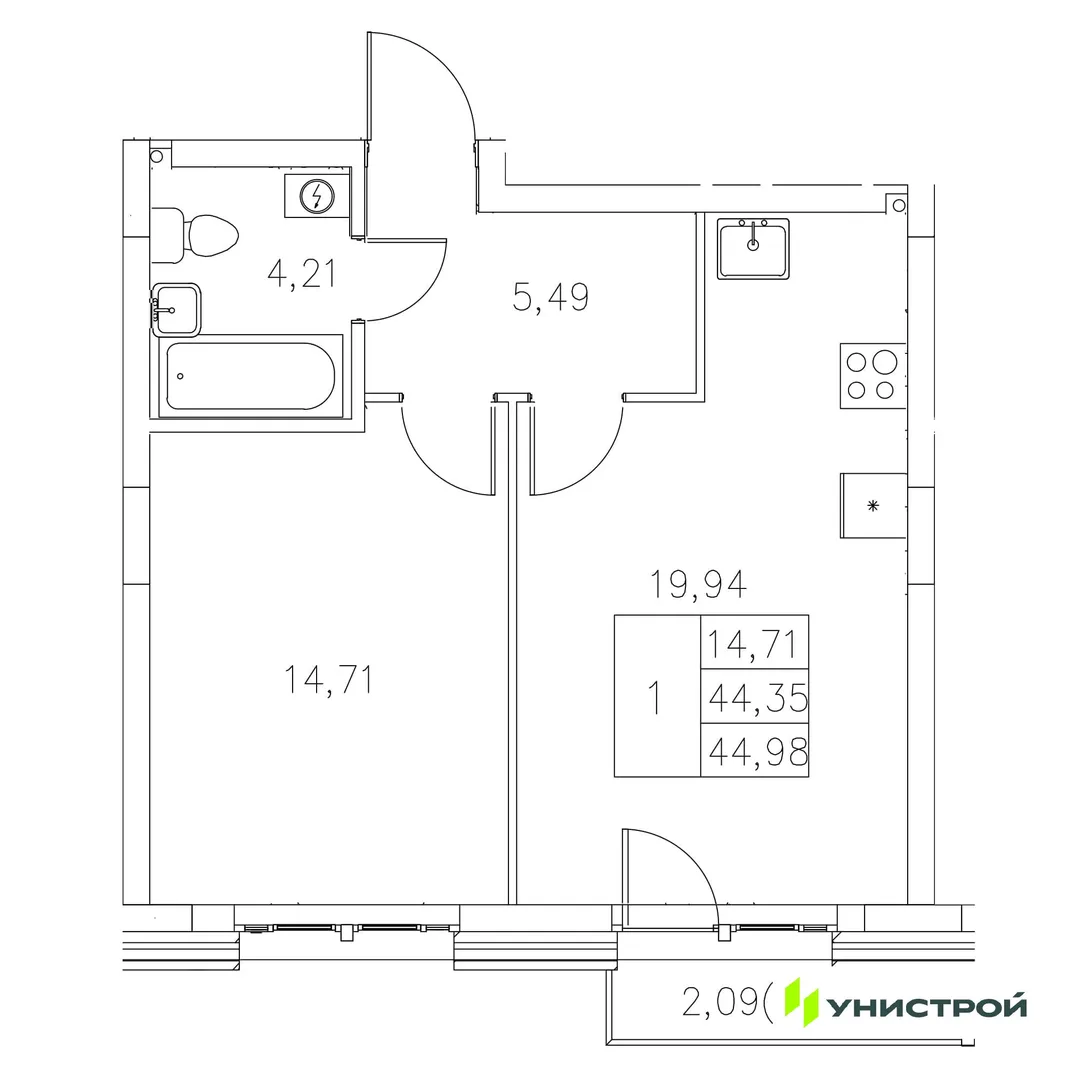 Планировка 1-комн. квартира, 44.98 м² ЖК «Statum»