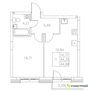 Планировка 1-комн. квартира, 44.98 м² ЖК «Statum»