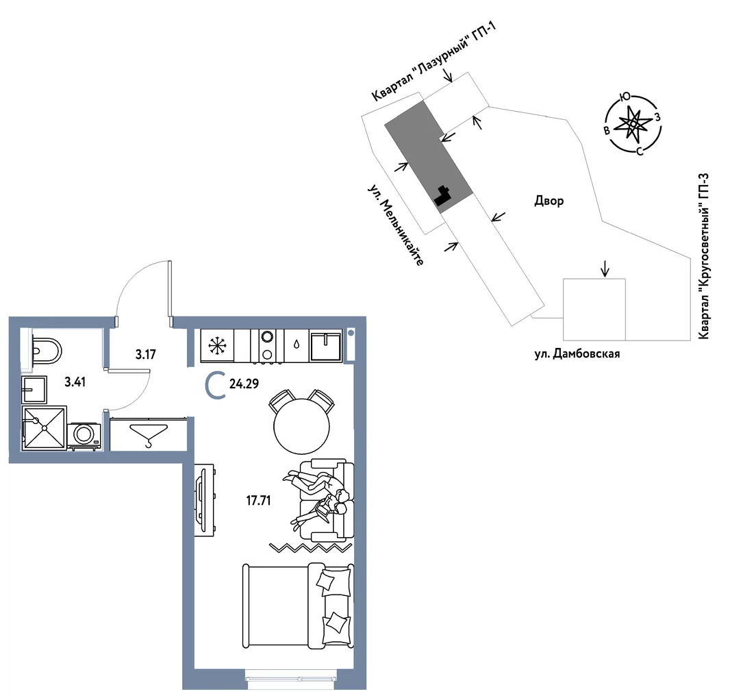 Планировка Студия, 24.29 м² ЖК «Страна Прибрежная»