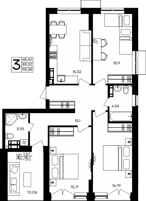 Планировка 3-комн. квартира, 98.38 м² ЖК «Семисчастье»