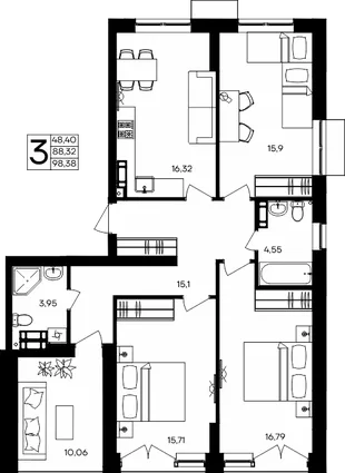 Планировка 3-комн. квартира, 98.38 м² ЖК «Семисчастье»