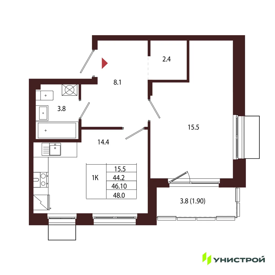 Планировка 1-комн. квартира, 46.1 м² ЖК «Лисино»