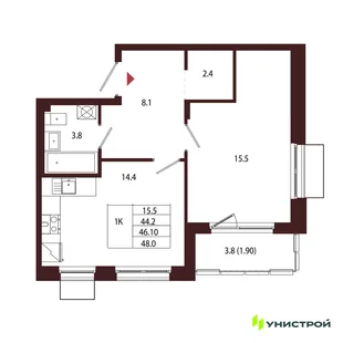 Планировка 1-комн. квартира, 46.1 м² ЖК «Лисино»