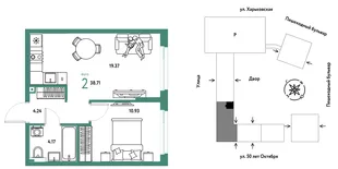 Планировка 2-комн. квартира, 38.71 м² ЖК «Сердце Сибири»