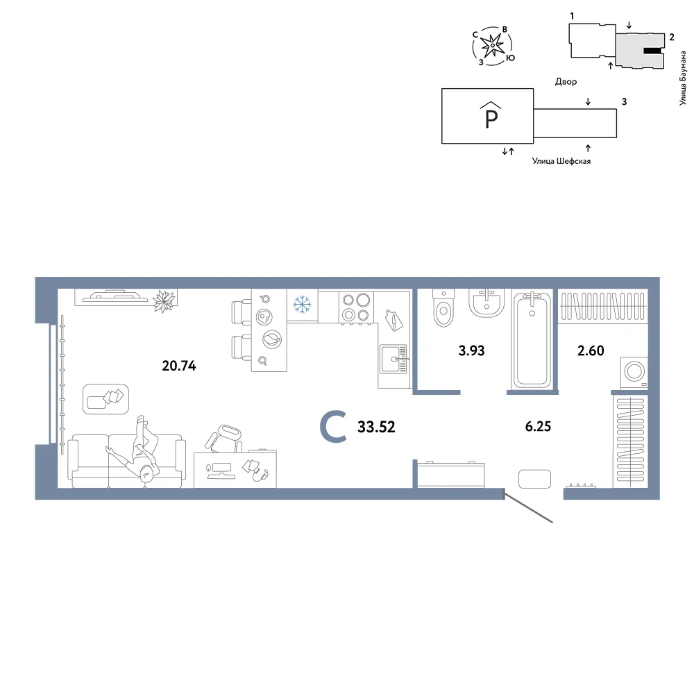 Планировка Студия, 33.52 м² ЖК «Страна.Энтузиастов»