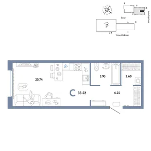 Планировка Студия, 33.52 м² ЖК «Страна.Энтузиастов»