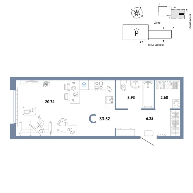 Планировка Студия, 33.52 м² ЖК «Страна.Энтузиастов» Планировка Студия, 33.52 м² ЖК «Страна.Энтузиастов»