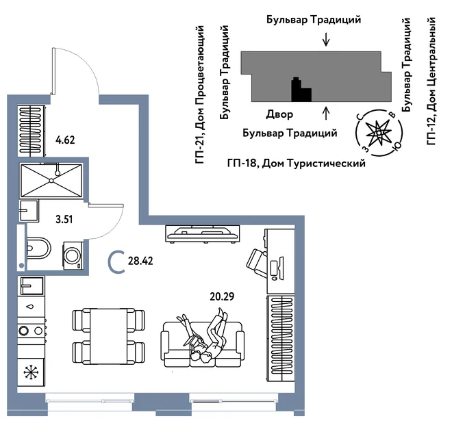 Планировка Студия, 28.42 м² ЖК «Микрорайон Домашний» Планировка Студия, 28.42 м² ЖК «Микрорайон Домашний»