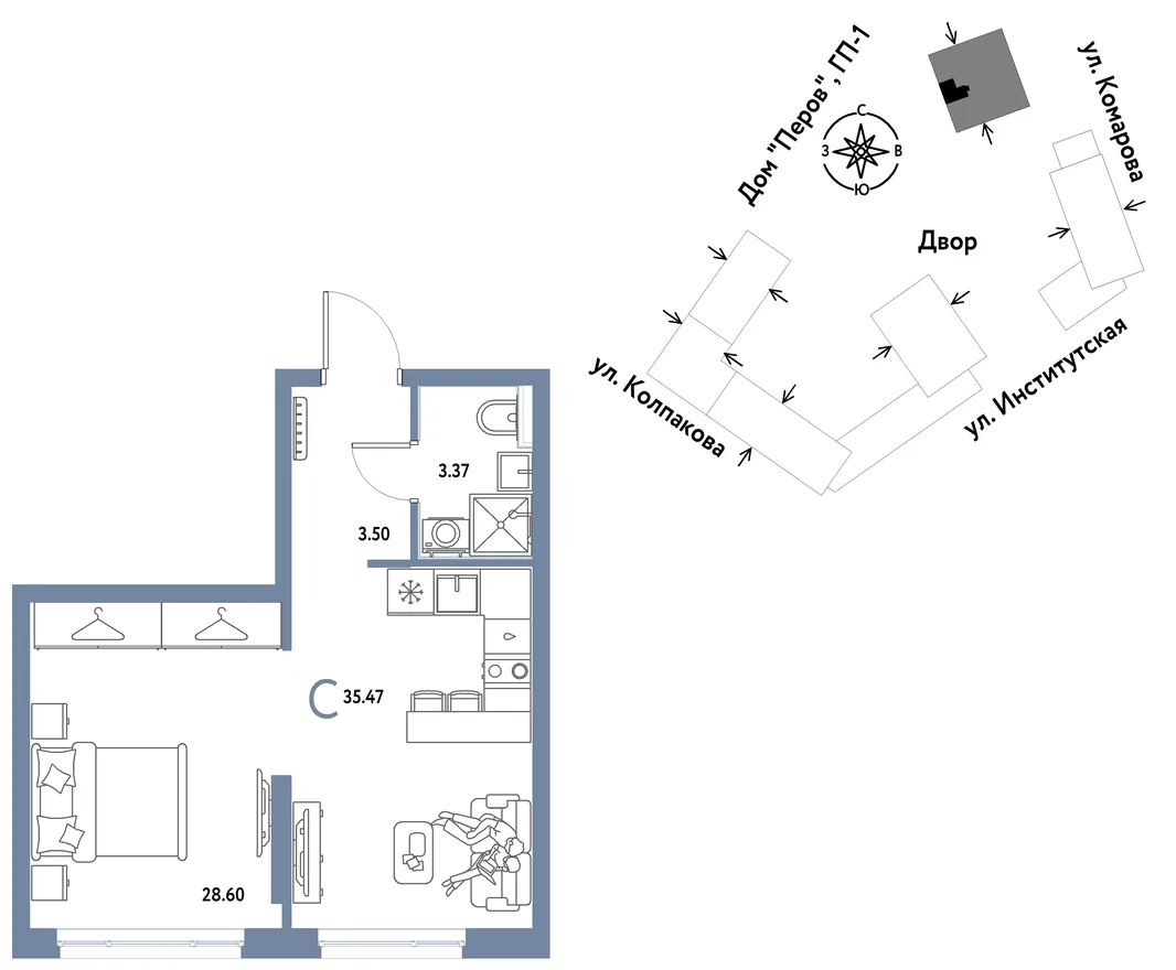 Планировка Студия, 35.47 м² ЖК «Страна.Парковая»