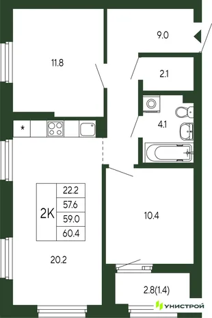 Планировка 2-комн. квартира, 59 м² ЖК «Парковый квартал 2.0»