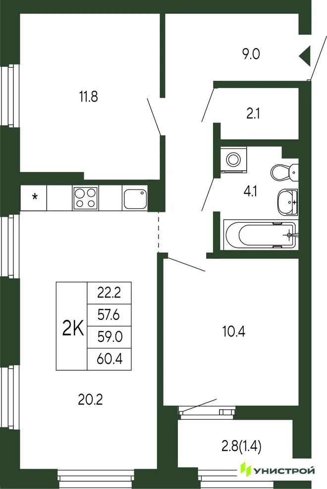 Планировка 2-комн. квартира, 59 м² ЖК «Парковый квартал 2.0» Планировка 2-комн. квартира, 59 м² ЖК «Парковый квартал 2.0»