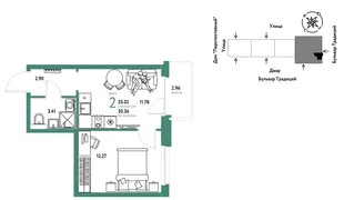 Планировка 2-комн. квартира, 33.32 м² ЖК «Микрорайон Домашний»