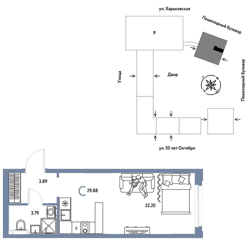 Планировка Студия, 29.88 м² ЖК «Сердце Сибири»