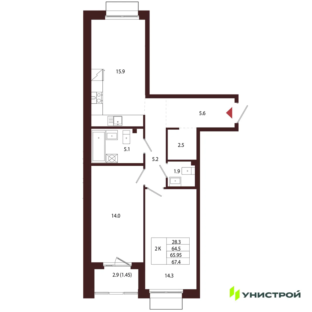 Планировка 2-комн. квартира, 65.95 м² ЖК «Лисино»