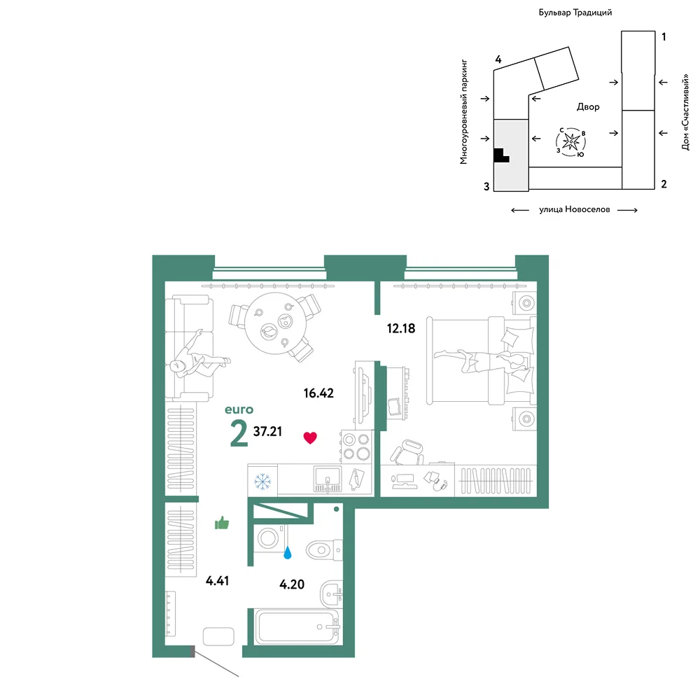 Планировка 2-комн. квартира, 37.21 м² ЖК «Микрорайон Домашний»