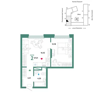 Планировка 2-комн. квартира, 37.21 м² ЖК «Микрорайон Домашний»