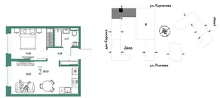 Планировка 2-комн. квартира, 38.53 м² ЖК «Остров-сад»