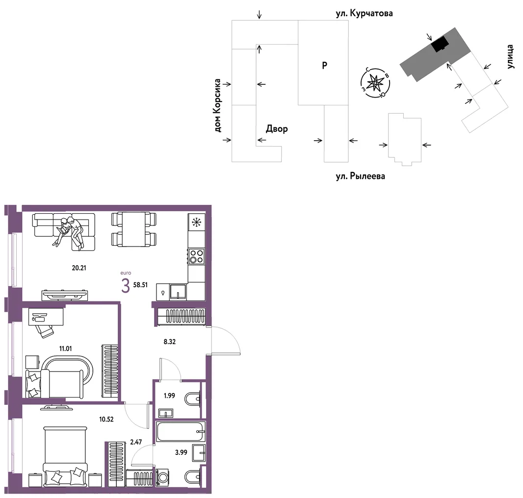Планировка 3-комн. квартира, 58.96 м² ЖК «Остров-сад»
