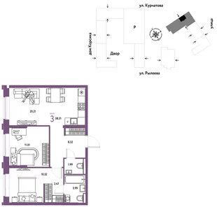 Планировка 3-комн. квартира, 58.96 м² ЖК «Остров-сад»